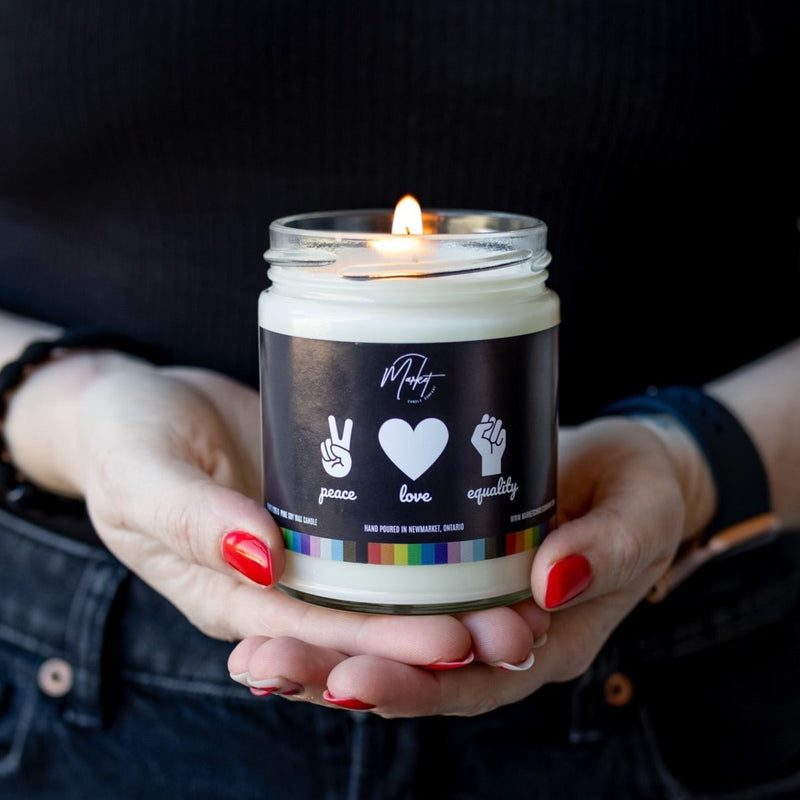 PEACE LOVE EQUALITY - SUPPORT PFLAG YORK REGION - SOY CANDLE