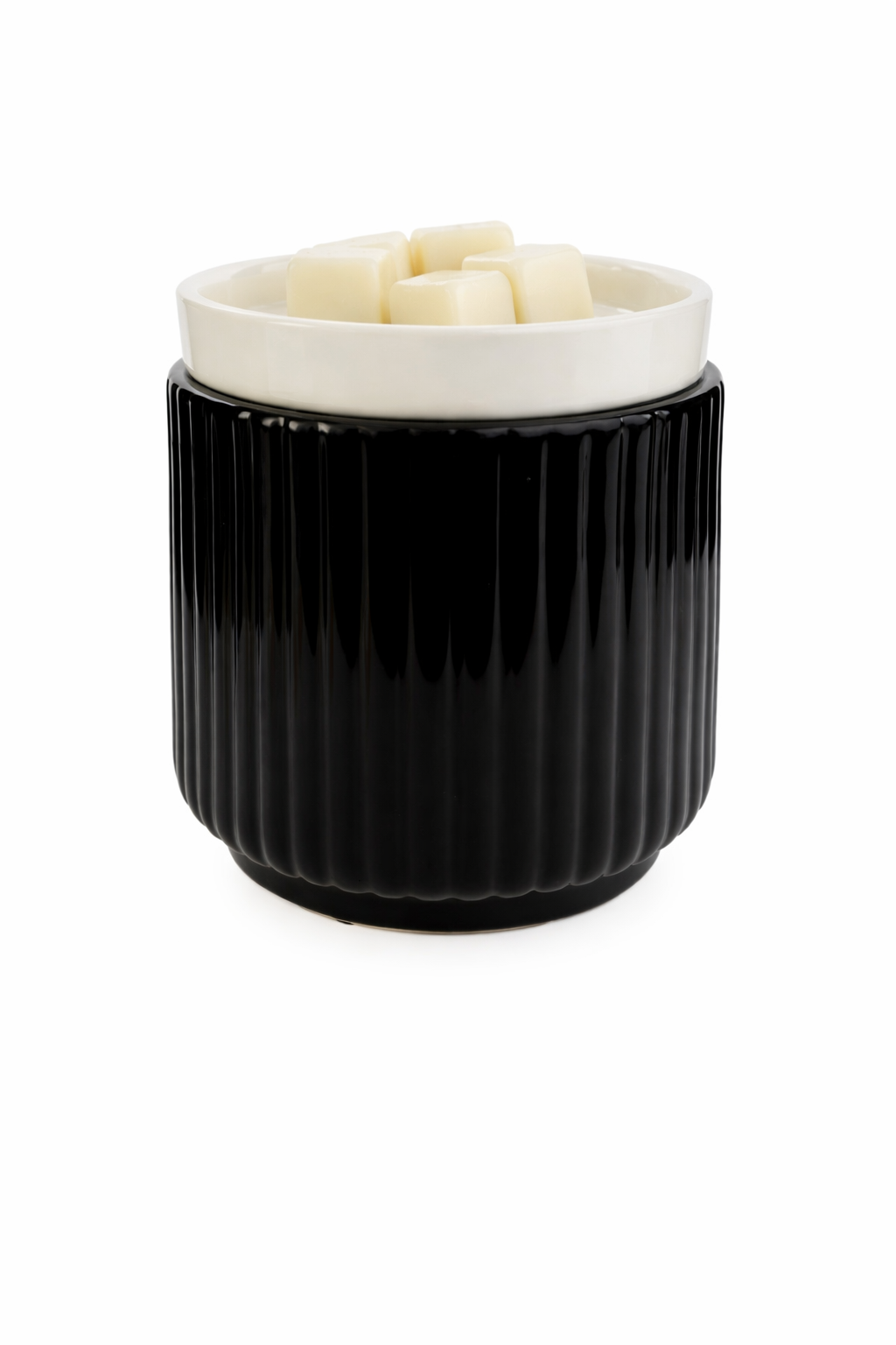 Black ribbed container with a white lid on a white background