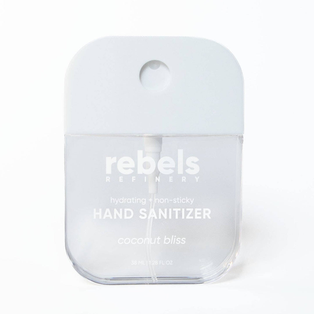 A small clear plastic hand sanitizer bottle with a frosted cap, labeled &