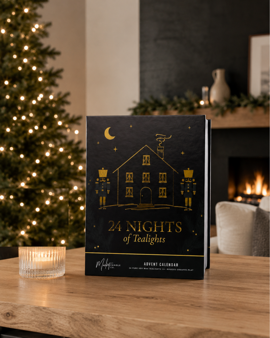 A black holiday advent calendar titled &